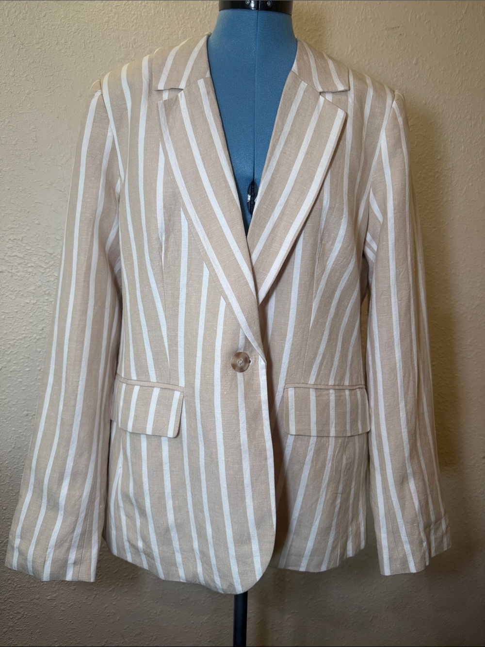 Philosophy Beige and White Striped Single-Button Blazer